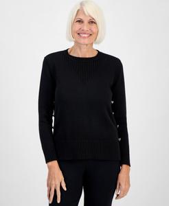 Укороченный свитер с длинными рукавами и круглым вырезом на пуговицах сбоку Jones New York, Black