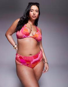 Эксклюзивный купальник Arina Curve с завышенной талией и высоким вырезом, с абстрактным принтом розового и красного цветов Asos Curve