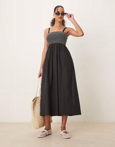 Длинное платье из потертого хлопка с контрастными сборками черного цвета Threadbare