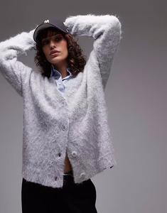 Вязаный ультрапушистый кардиган оверсайз Topshop серого цвета