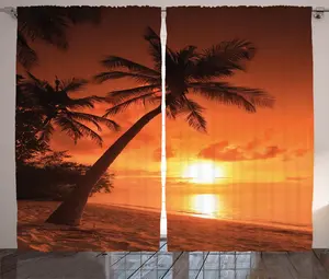 Штора ABAKUHAUS Тропический деревенский, Сумеречные кокосовые пальмы, универсальная ленточная штора для гостиной с петлями и крючками, 280 x 175 см, оранжево-коричневый цвет Abakuhaus