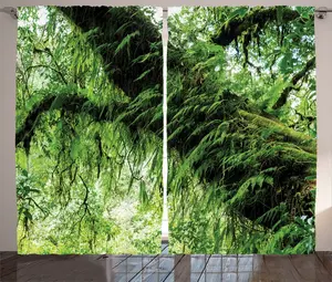 Штора ABAKUHAUS Тропический деревенский, Идиллические весенние джунгли, универсальная ленточная штора для гостиной с петлями и крючками, 280 x 175 см, зелено-коричневый Abakuhaus