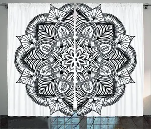 Штора ABAKUHAUS в деревенском стиле, с рисунком мандалы в черно-белом стиле, универсальная ленточная штора для гостиной с петлями и крючками, 280 x 245 см, цвет белый/черный Abakuhaus