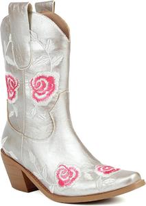 Женские ковбойские сапоги в западном стиле, средней высоты, с винтажным дизайном, на толстом каблуке, квадратный носок, с вышивкой, удобные Abborora, Silver