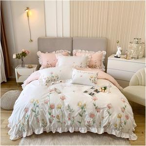 UOIO Комплект постельного белья из натурального хлопка с цветочной вышивкой и рюшами White