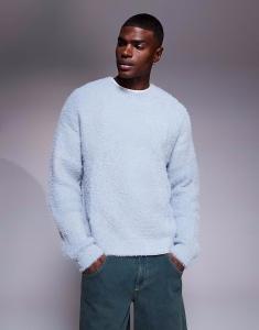 Свободный пушистый вязаный джемпер с круглым вырезом синего цвета Asos Design