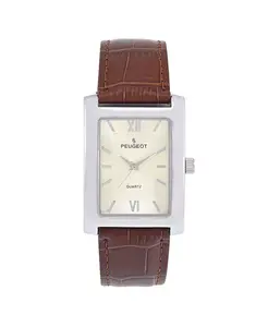 Мужские часы в форме танка 30X40 мм, серебристые, с фактурным циферблатом и коричневым кожаным ремешком Peugeot