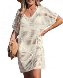 Женское бежевое вязаное крючком мини-пляжное платье с короткими рукавами CUPSHE, белый