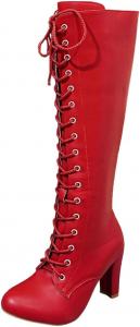 Generic Черные высокие ботильоны на шнуровке для женщин: модные ботинки с боковой молнией, длина до колена, округлый носок, на высоком каблуке, для вечеринок, нарядная обувь, костюмированные туфли