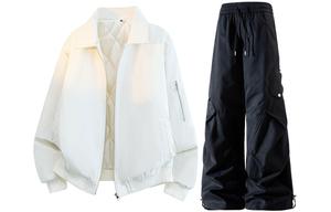 Повседневная спортивная одежда Unisex с лацканом Lapel Moderate X1617, бежевый top+черный pants fleece-lined