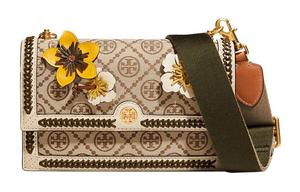 Монограмма T из холста с кожаной наплечной сумкой кроссбоди мини женская бежевая TORY BURCH