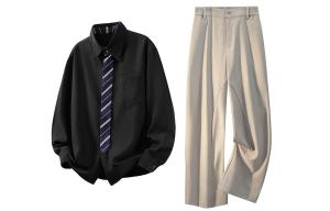 Повседневная спортивная одежда Unisex с лацканом Lapel Moderate X1617, черный top+хаки pants