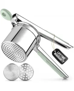 Картофелемялка из нержавеющей стали - прочный инструмент для приготовления пюре, с прессом и функцией измельчения Zulay Kitchen, серебристо-зеленый