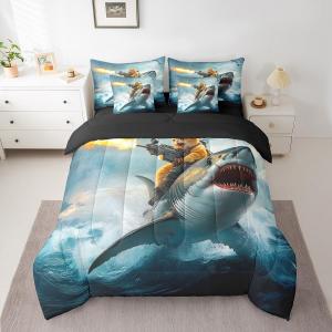 Erosebridal Комплект постельного белья Shark с морскими животными для детей и взрослых, Gold Blue