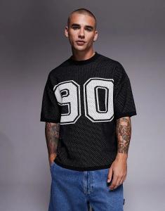 Свободная трикотажная футболка свободного кроя из ткани Airtex от ASOS DESIGN с графикой 90-х годов черного цвета