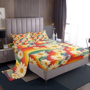 Erosebridal Комплект постельного белья Groovy Sheet Set Rainbow Daisy из сатина с цветочным принтом, White Red Yellow