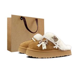 Классические мини тапочки с милым дизайном в виде питомца, устойчивые к истиранию, с закрытым носком, женская сумка для покупок UGG, Chestnut