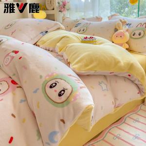 Yalu Комплект постельного белья из 4 предметов (простыня на резинке 150 см, пододеяльник 200х230 см), молочный бархат, флисовая подкладка, утепленный