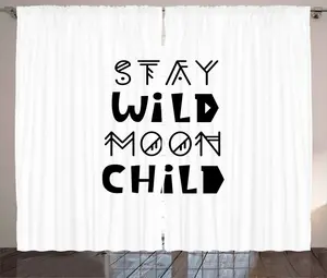 Штора ABAKUHAUS Stay Wild Moon Child в деревенском стиле, хипстерский дизайн, универсальные ленточные шторы для гостиной с петлями и крючками, 280 x 245 см, белый и черный Abakuhaus