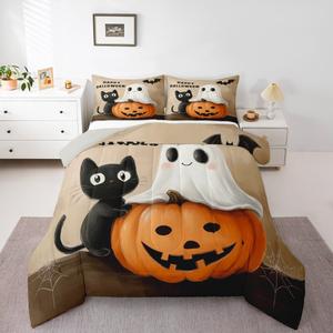 Erosebridal Комплект постельного белья Happy Halloween с принтом черных кошек, привидений, тыкв и паутины, Orange Black White