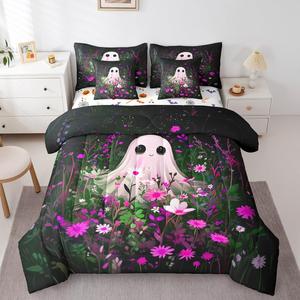 Erosebridal Комплект постельного белья Halloween Ghosts с цветочным принтом и призраками, Purple Black
