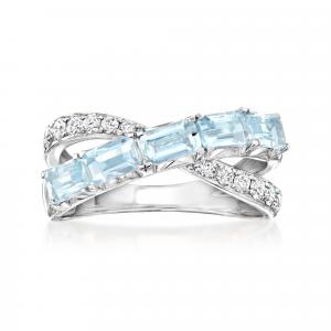 Кольцо Ross-Simons с аквамарином и выращенными в лаборатории бриллиантами в оправе «крест-накрест» из стерлингового серебра Ross-Simons, синий