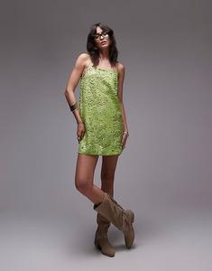 Мини-платье Topshop с блестками и круглым вырезом зеленого цвета