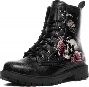 Coolcustomize Женские и мужские готические боевые ботинки - панк-рок ботильоны из веганской кожи с антипоскользящей подошвой, черепами и розами, черные платформенные рабочие ботинки