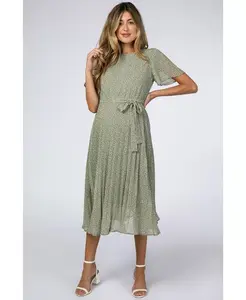 Беременное платье миди плиссированное с принтом оливковых листьев в светлых тонах Pinkblush, зеленый