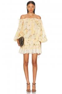 Каскадный мини-платье с ярусами Zimmermann, Yellow Botanical Floral