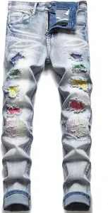 Мужские джинсы Crystal Stretch Denim с рваными деталями и цветными заплатками SIDUFHAOPKLL
