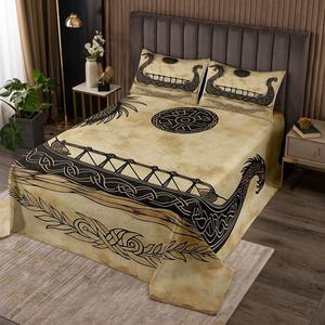 Erosebridal Комплект постельного белья Viking Ship в стиле нордической мифологии с морским принтом парусников и тотемов, Yellow Beige Black