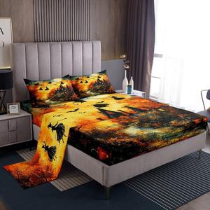 Erosebridal Комплект постельного белья Happy Halloween с готическим принтом лун и летучих мышей, Black Gold