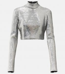 Укороченный топ с воротником-стойкой, расшитый пайетками David Koma, серебряный
