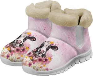 Женские зимние ботинки с меховой подкладкой, с животным принтом, на щиколотку, противоскользящие, удобные, короткие ботильоны Qoiuvncy, Pink Sunflower Cow