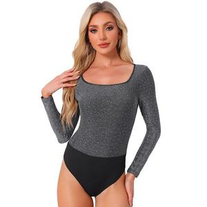 Топ Party bodysuits для женщин с металлическим блеском и горошком, квадратный вырез, длинный рукав Allegra K, Silver Black