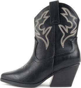 Soda «BLAZING» ~ Женские ботильоны Western с острым носком и низким каблуком (доступна широкая посадка), Black/Off White Stitch