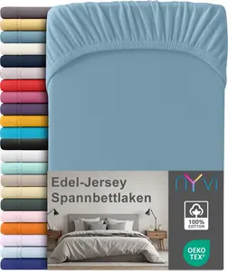 Простыня на резинке из премиального джерси для матрасов глубиной до 25 см - 100% суперчесаный хлопок, 140 г/м², на резинке по всему периметру, цвет: стальной синий, размер: 180-200 х 200 см NYVI