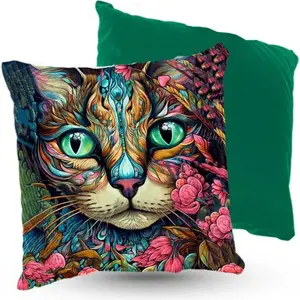 Подушка велюровая PREMIUM с рисунком кошки в очаровательных цветах, 40 х 40 см, декоративная с наполнителем, для гостиной, спальни или в подарок 5made