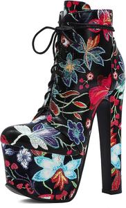 Женские сексуальные ультра-высокие ботильоны на платформе с боковой молнией, модные с цветочным принтом и шнуровкой, короткие ботинки LYYSKY, Black