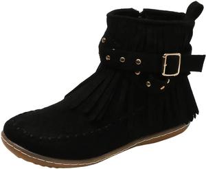 Женские замшевые ботильоны с бахромой, круглый носок, плоская подошва, зимние теплые западные бохо-босоножки для женщин, винтажные повседневные ботильоны с широким круглым носком, модные уличные короткие ботинки с молнией Baimiu, A-Black