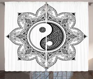 Штора ABAKUHAUS Zen Rustic, цветочное искусство, узор мандала в стиле мехенди, присборенная штора для спальни с петлями и крючками, 280 x 225 см, черно-белая Abakuhaus