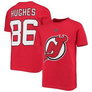 Футболка с именем и номером игрока Jack Hughes, New Jersey Devils, красная Outerstuff