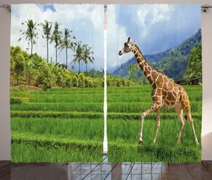 Штора ABAKUHAUS "Деревенский пейзаж", тропические дикие животные, присборенная тесьма для спальни с петлями и крючками, 280 x 175 см, цвет "Папоротниковый зеленый" с нежно-голубым оттенком Abakuhaus