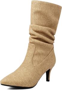 Женские джинсовые ботильоны с заостренным носком, широкие голенища, каблук-китен, плюшевая подкладка, теплые, без застежки, средние по голенище, осенние нарядные повседневные ботильоны, вестерн-стиль для женщин Generic, Brown