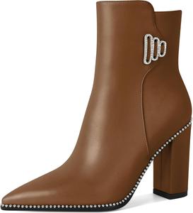 Younton Женские короткие ботильоны с заостренным носком, декорированные бусинами, массивным каблуком 3,7 дюйма и боковой молнией