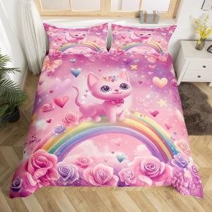 Erosebridal Комплект постельного белья Kawaii Cat с мультяшными котятами и радужными цветами, Pink Purple Green
