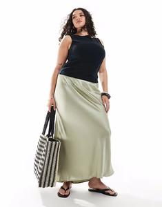 Юбка миди New Look Curve из атласа косой вязки в цвете шалфейно-зеленый New Look Plus