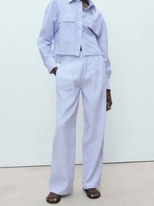 Брюки Maneli прямого кроя в полоску из льняной смеси Mango, Medium Blue