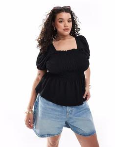 Топ New Look Curve с короткими рукавами и сборками, черного цвета New Look Plus